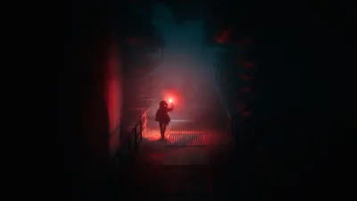 A creature clinging to the ceiling of a dark industrial corridor in End of Abyss