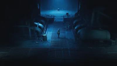 A lone character standing on a grated metal catwalk in a dim industrial hall