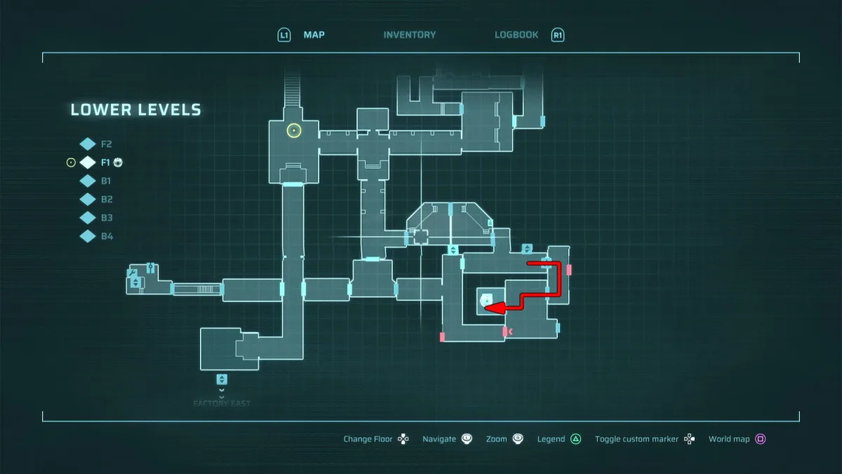 The Lower Levels map — the facility’s deepest floors hide most of the logbook — in-game map capture