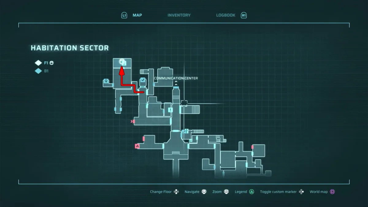 The Habitation Sector map — the Infirmary lift sits beside its fast-travel shuttle — in-game map capture