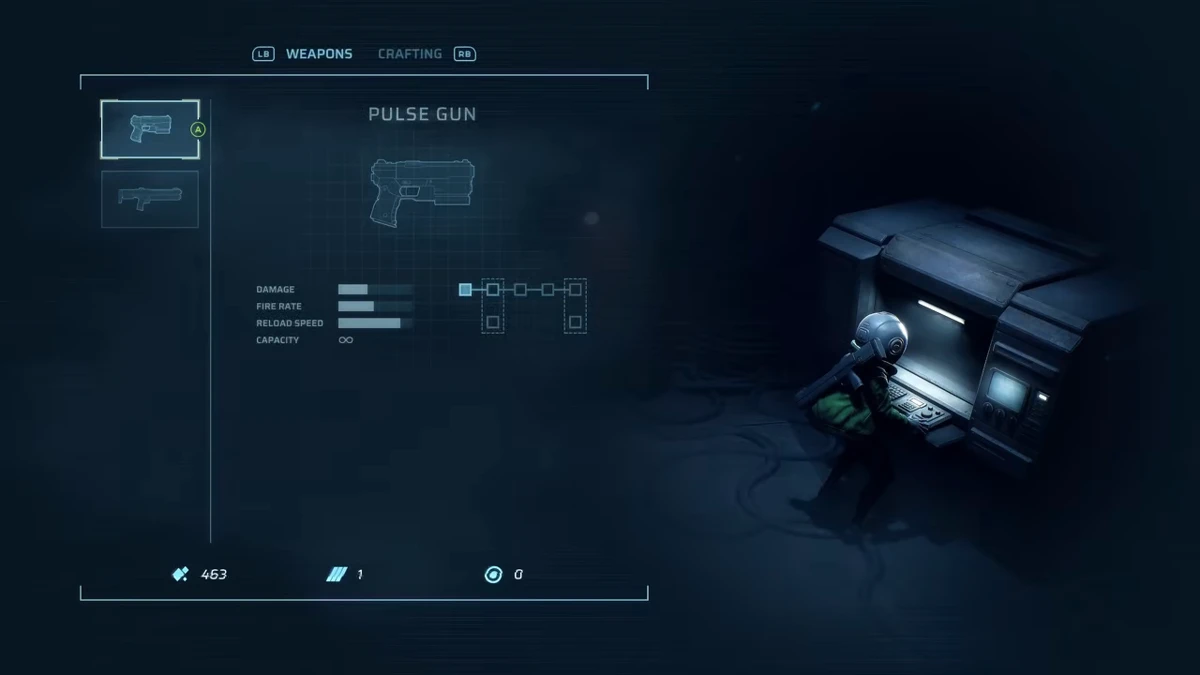 The Pulse Gun upgrade bench interface showing charge-shot stats — gameplay capture