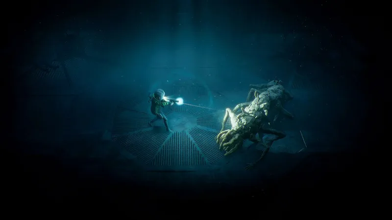 Cel holding a scanner device while a creature waits further down the corridor