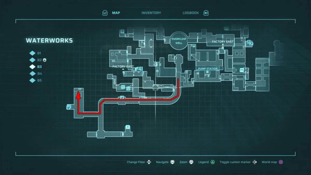 The Waterworks zone map — Vault caches hide across every sector — in-game map capture