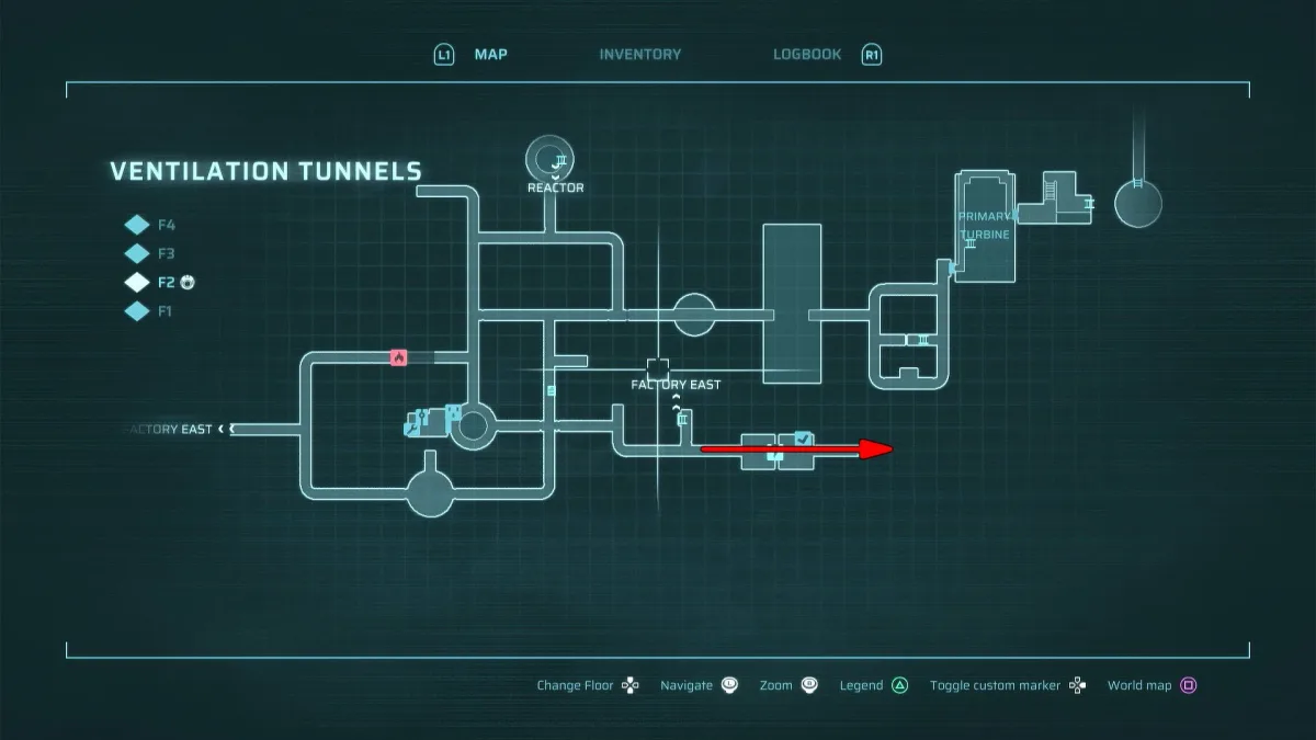 The Ventilation Tunnels map — the Brood Keeper’s lair sits above the circular F1 room — in-game map capture