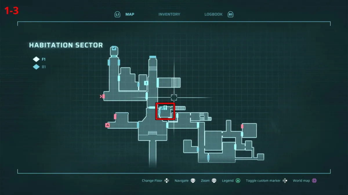 Cel moving through the Habitation Sector’s crew quarters — gameplay capture