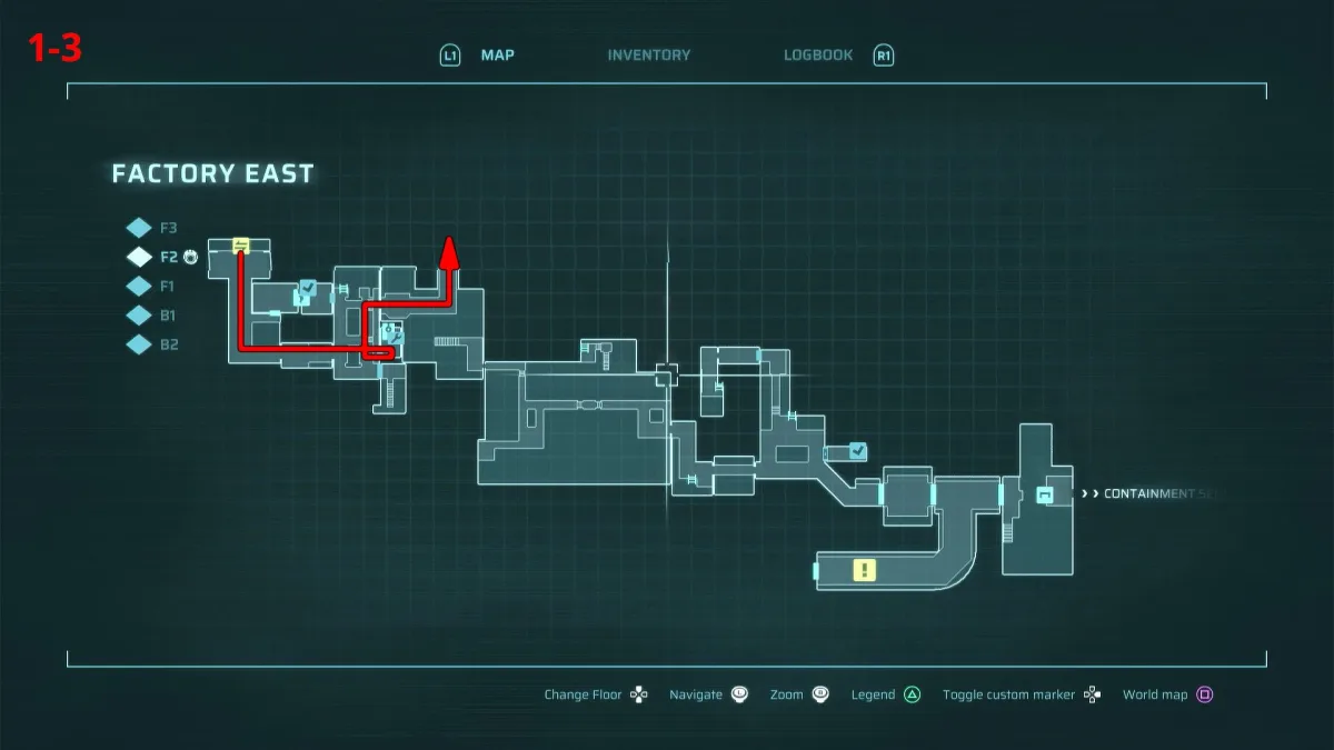 The Factory East map — the Security Rifle’s cache sits beside the Shuttle room on F2 — in-game map capture