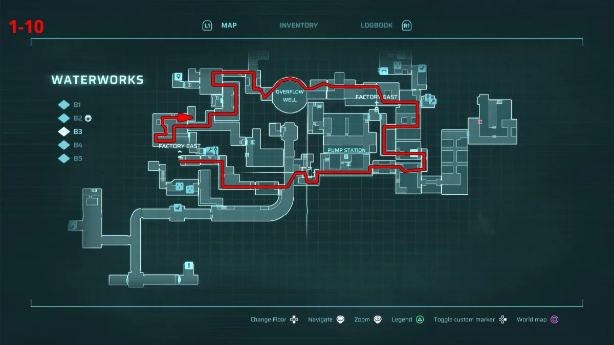 The Waterworks zone map — scan the Map Stations you pass to fill yours in